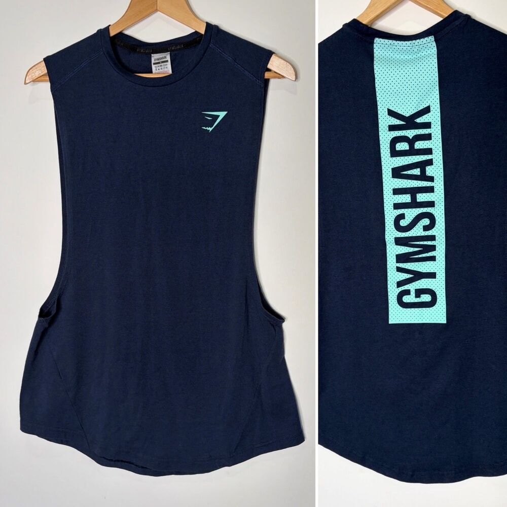 Gymshark Bold Drop Arm Tank Navy Blue Slim-Fit Sleeveless Workout Men Small
